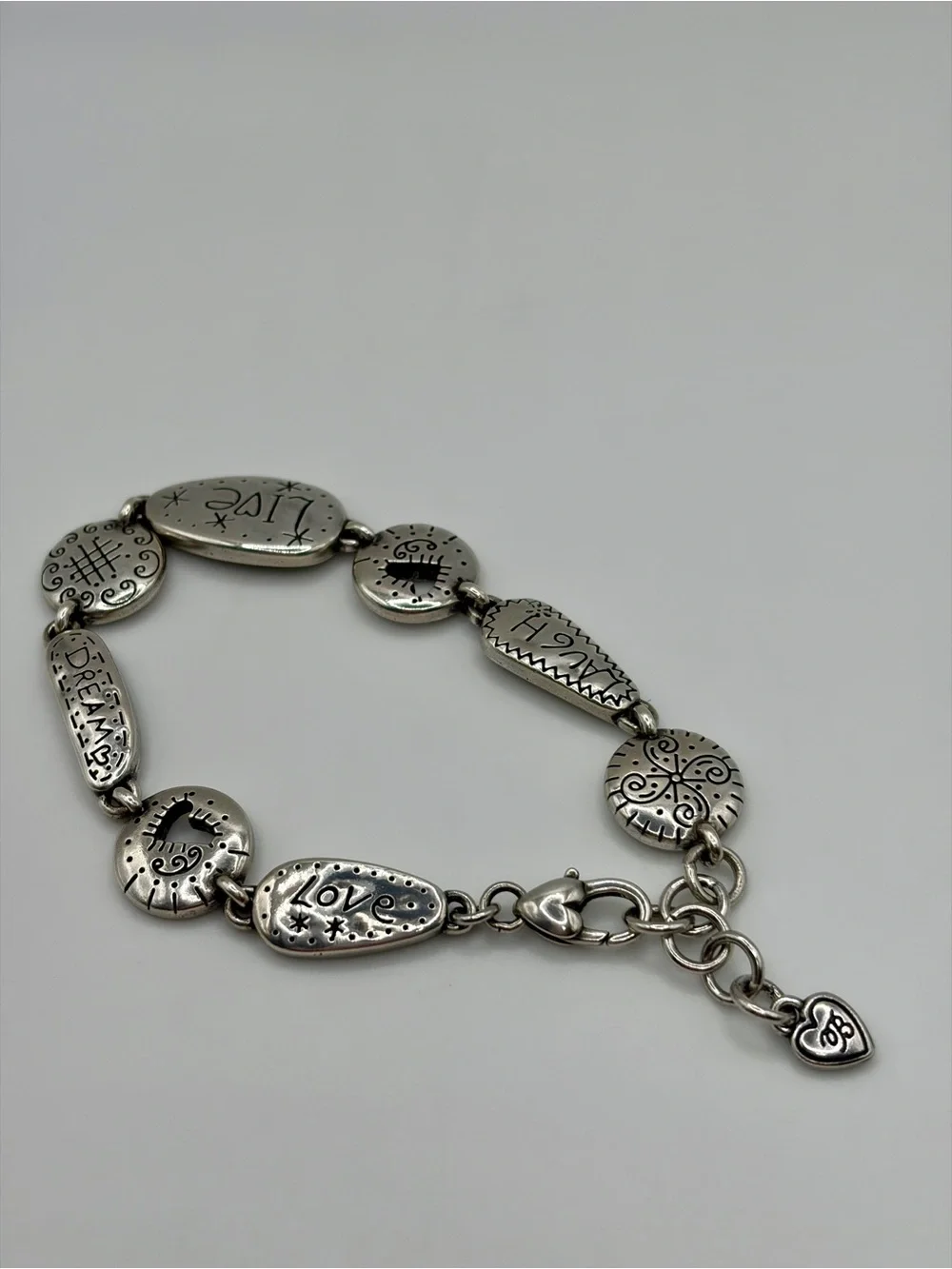 Brighton “Love Tags” Silver Retired Laugh Live Dream Heart Bracelet